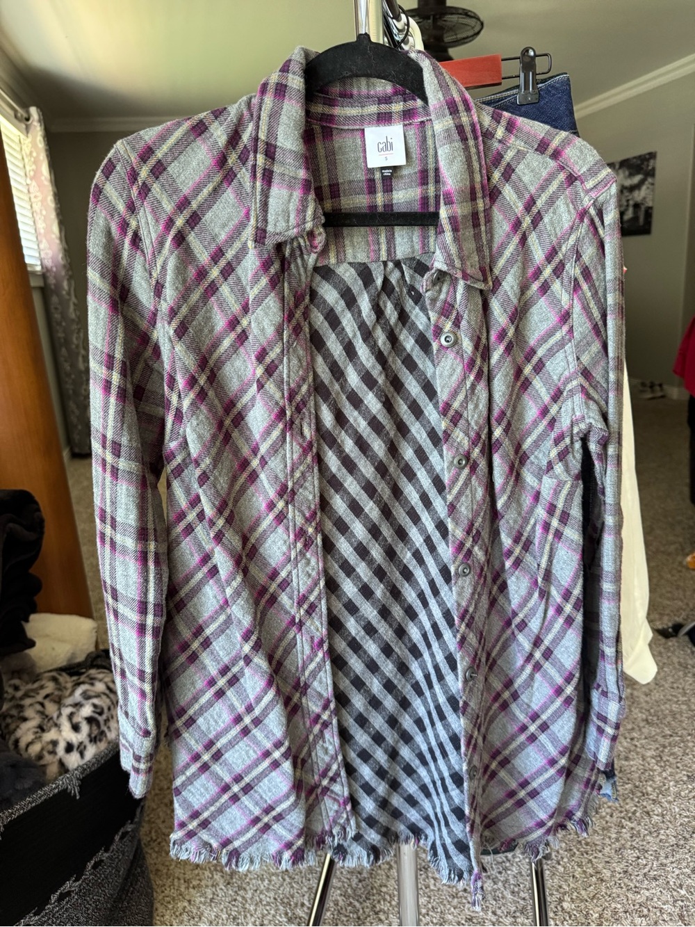 CAbi Plaid Button-Up Shirt Jacket in Gray & Plum